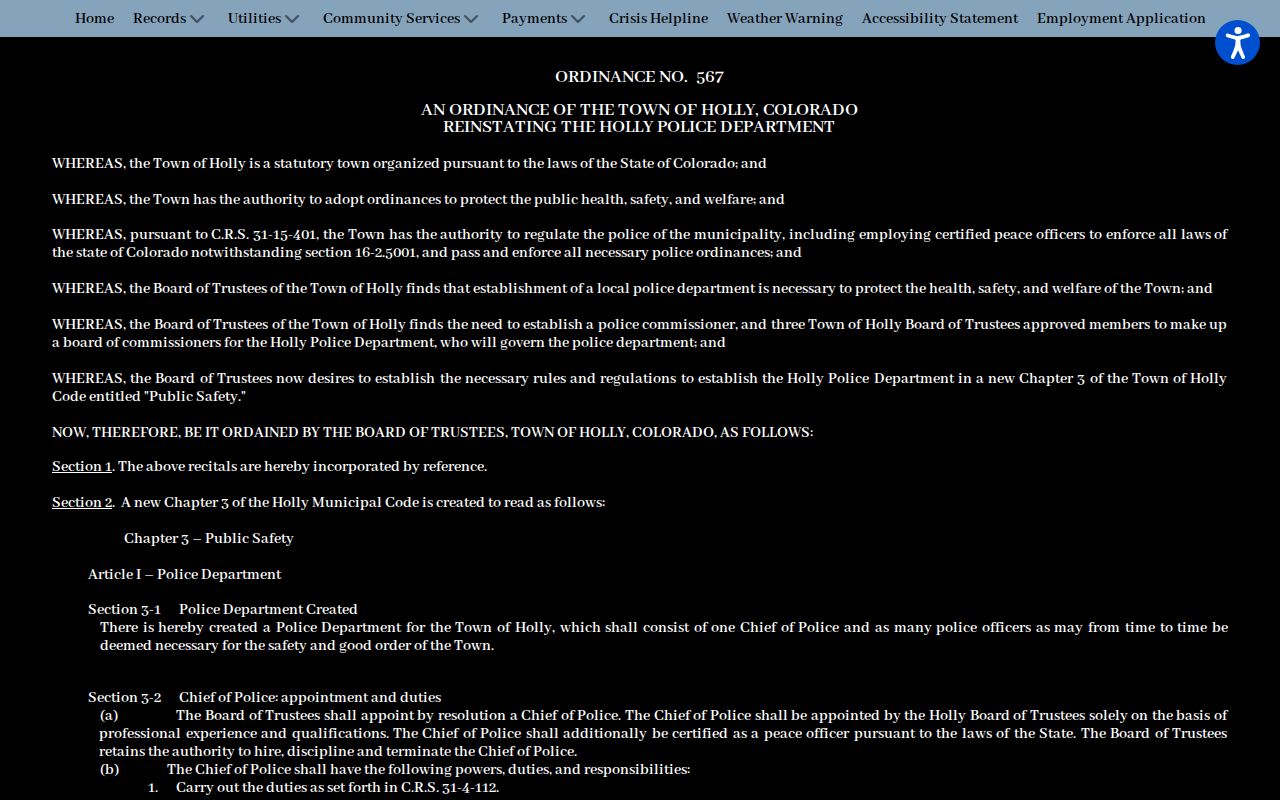 Holly criminal records Ordinance 567 police department page