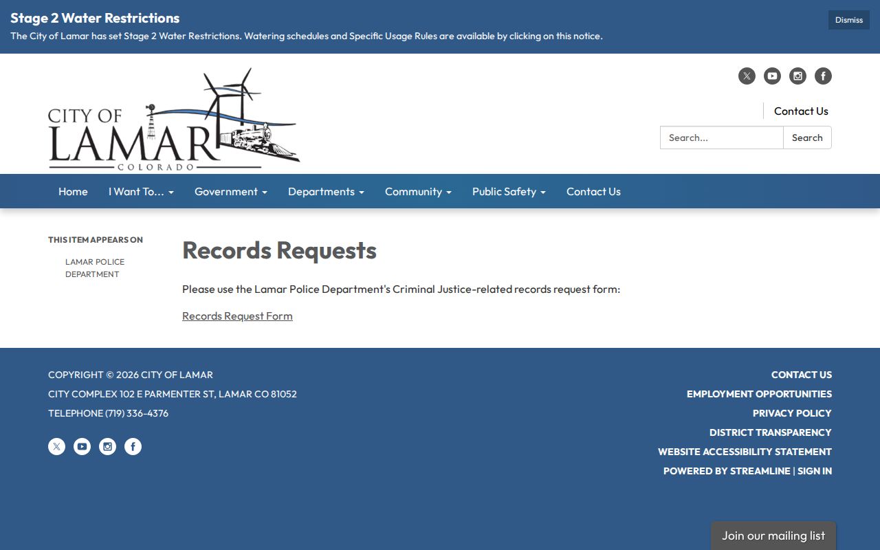 Prowers County arrest lookup through Lamar Police records requests