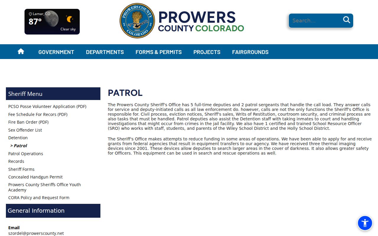 Prowers County arrest records and sheriff patrol responsibilities