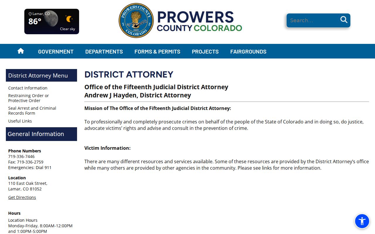 Prowers County criminal case information from the District Attorney page