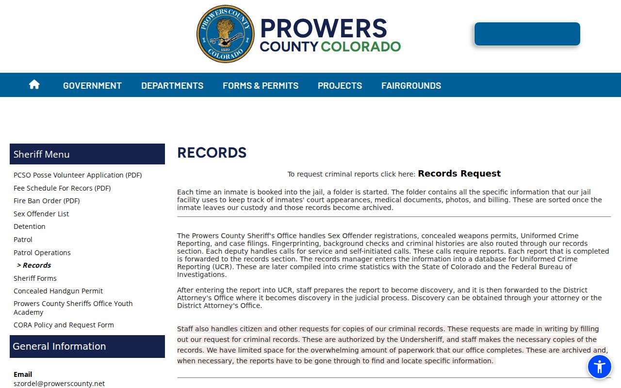 Prowers County criminal record request workflow at Sheriff Records